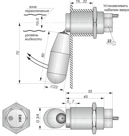 Датчик герконовый поплавковый уровня жидкости DFG 23.60-B1-NO-10.0-G3/4-Pl